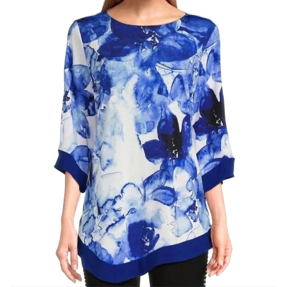 SLIM FACTOR Investments KNIT TUNIC TOP BLOUSE Blue/White Watercolor Floral SZ L